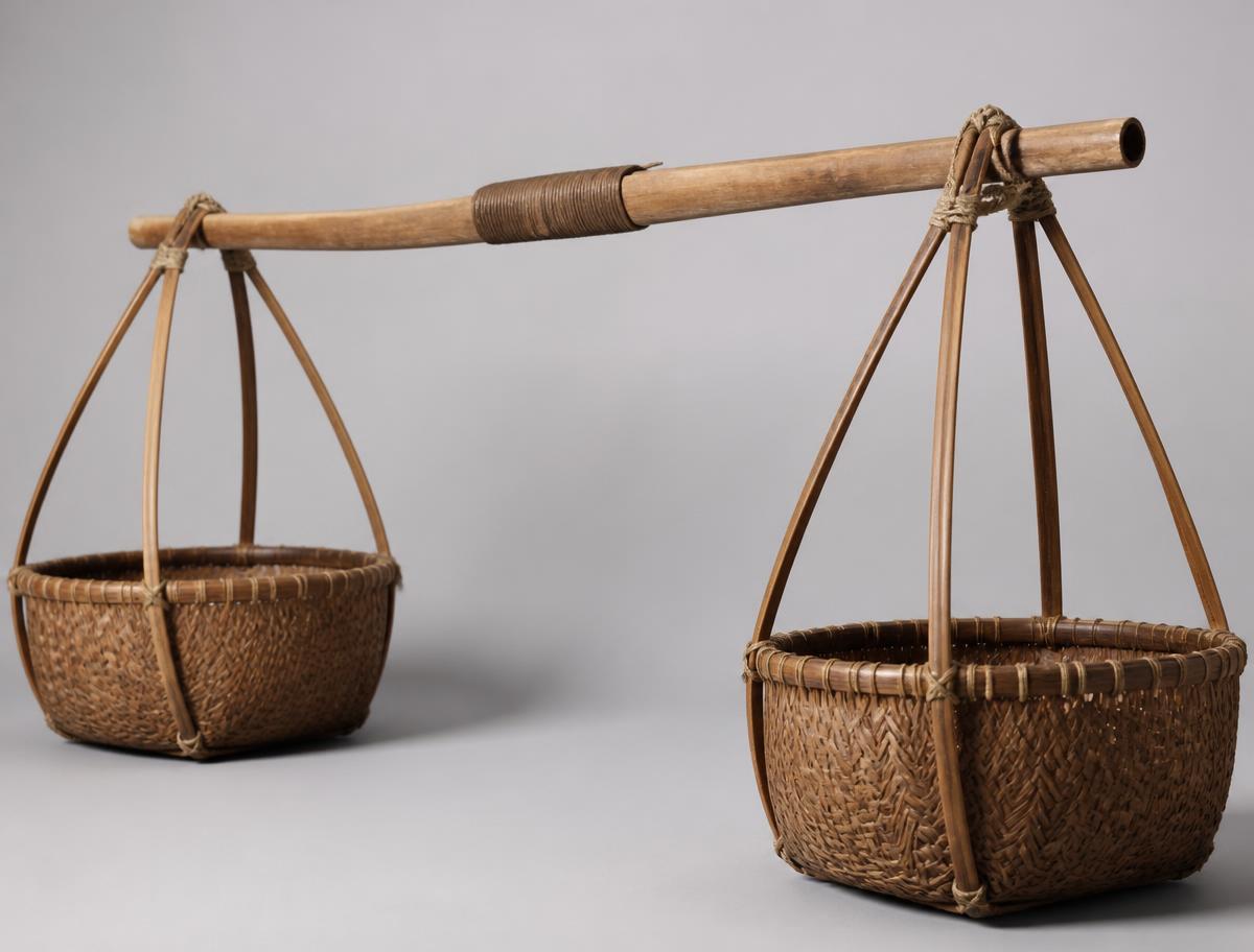 A traditional bamboo carrying pole balanced with a woven basket hanging from each end