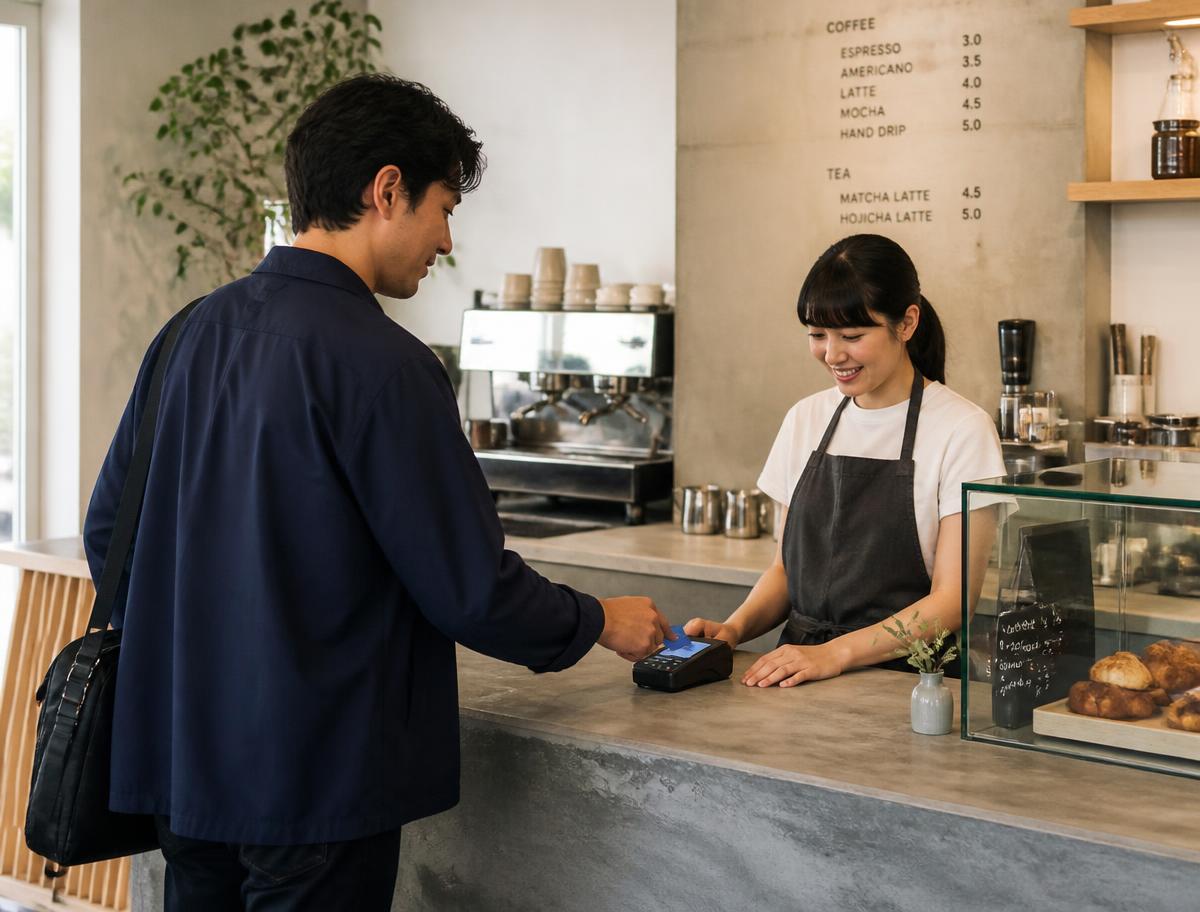 A customer paying with a card at the counter of a bright modern cafe while the barista assists
