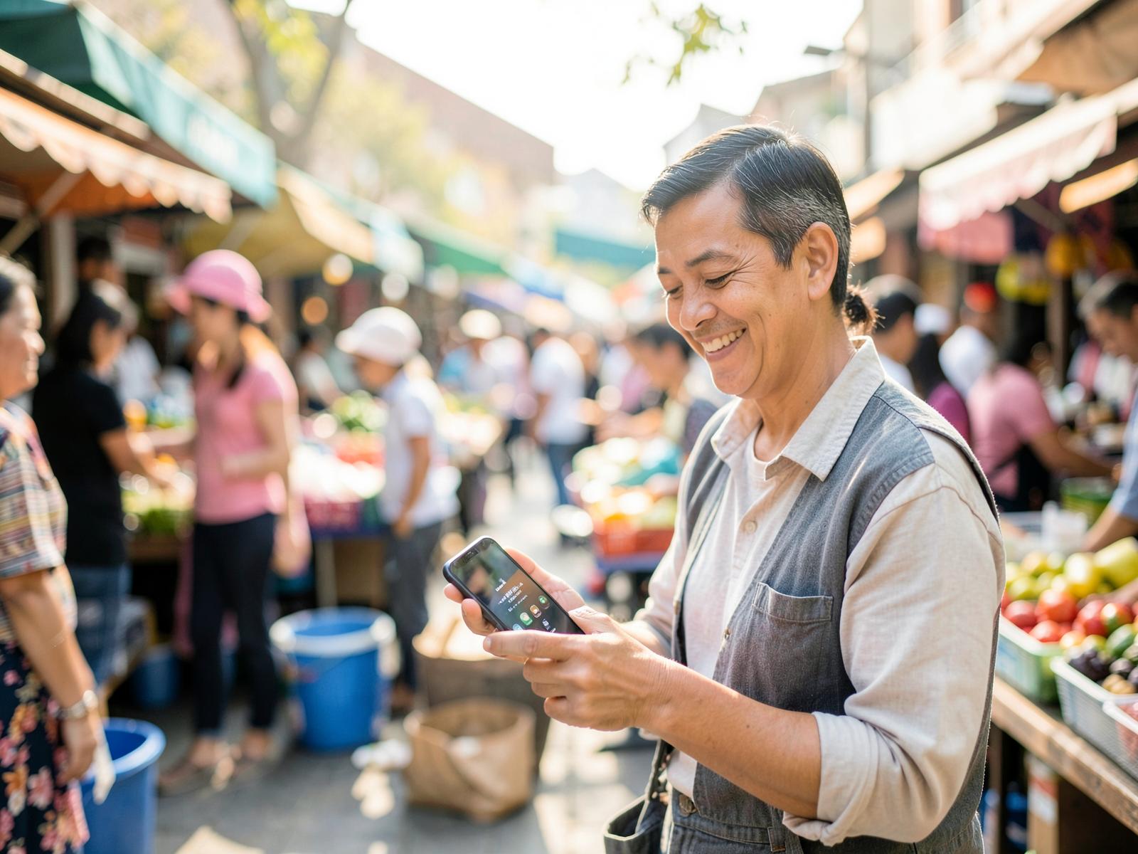 A market vendor smiling while accepting a payment on a smartphone at a busy open-air market